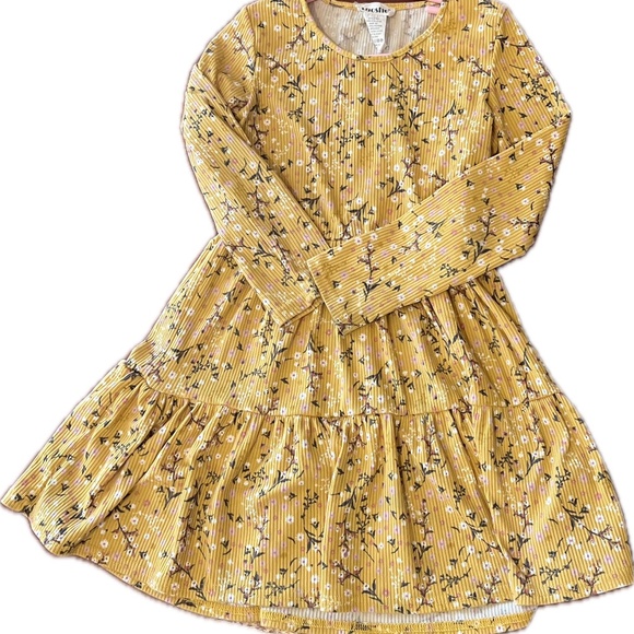 Boho Floral Print Round Neck  Long Sleeve Mustard Yellow Girls Dresses (Girls) - Picture 1 of 4